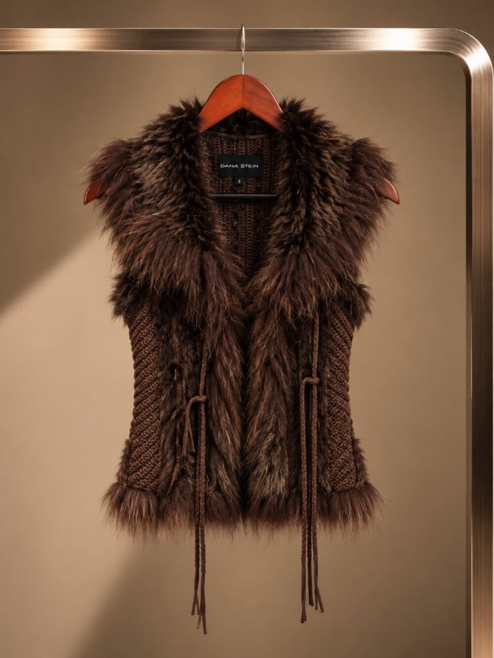 DANA STEIN Knit Rabbit Fur Vest Y2K Raccoon Trim Brown Braided Tie Boho Size S